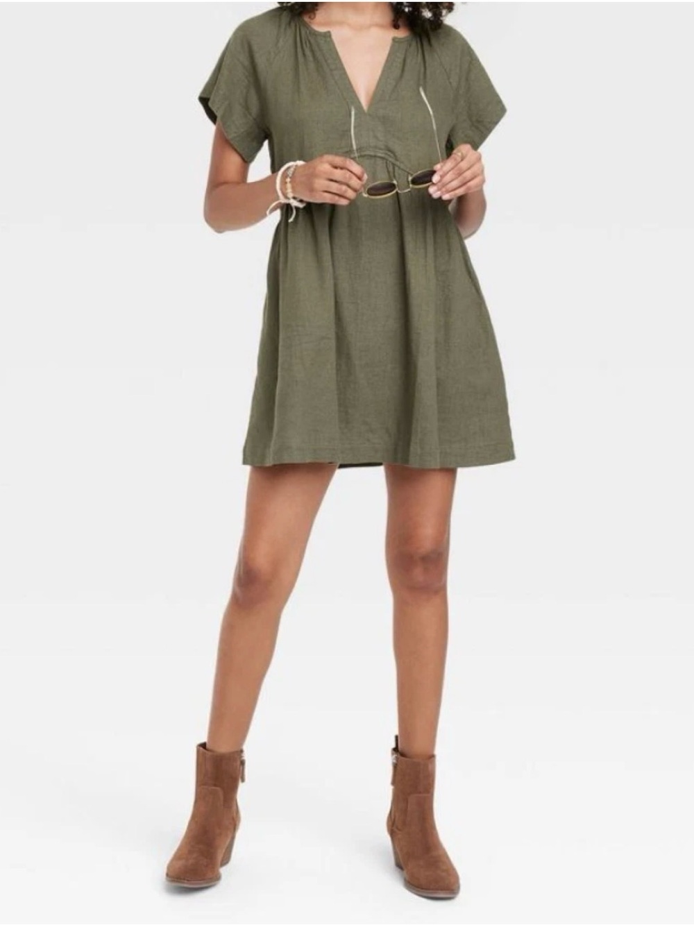 Universal Thread Green Linen Rayon Mini Shift Dress Forest Olive Green V-Neck